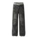 High Street Dirty Old Ripped Jeans Men's And Women's Design Loose Straight Double Waist Pants_mkmklike.com
