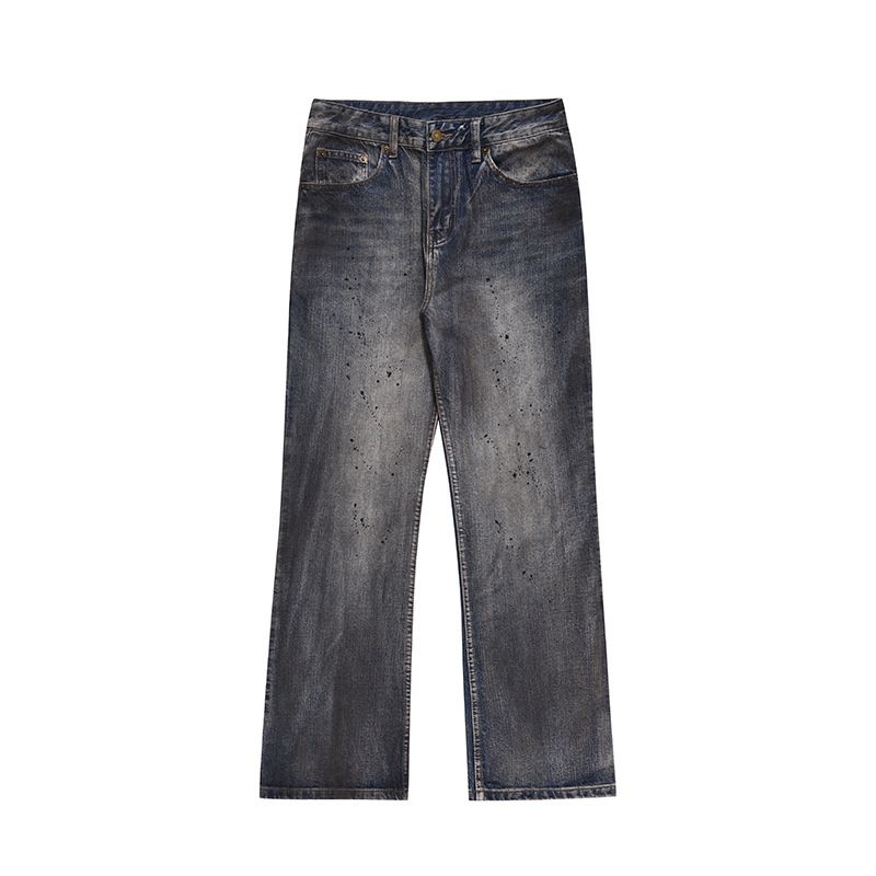 American High Street Men's Dirtyfit Distressed Splatter Paint Straight Leg Jeans Trendy Slightly Flared Slimming Floor Length Pants_mkmklike.com