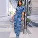 Women's Clothing Washed Overalls Multi Pocket Button Denim Jumpsuit Short Sleeved Trousers_mkmklike.com