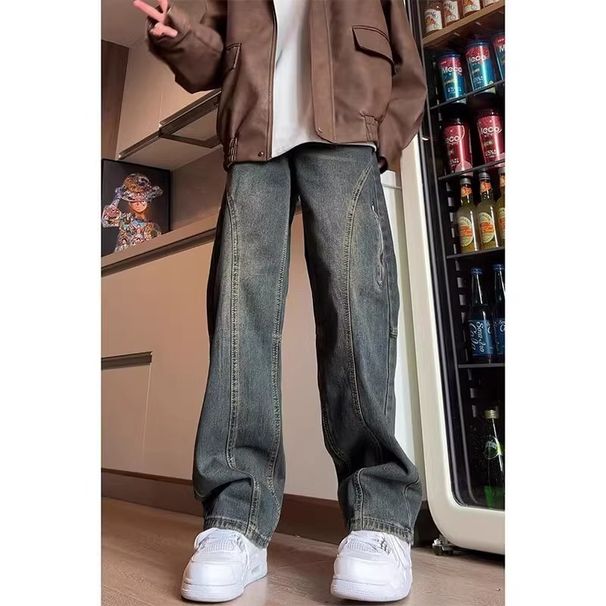 Men's Clothing Straight Jeans Men's Spring Retro Washed Design Casual Pants High Street Cool Cleanfit Pants_mkmklike.com