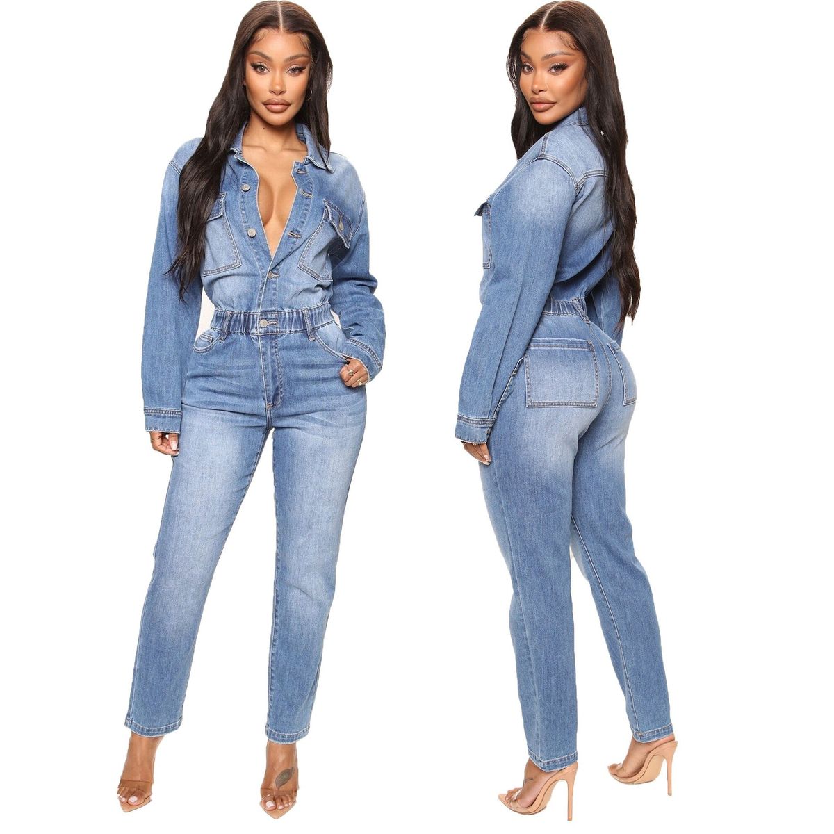 Women's Clothing Denim Jumpsuit Slim Waisted Washed Long-sleeved Jumpsuit_mkmklike.com