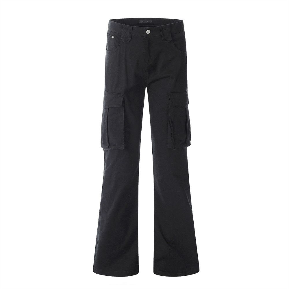 Multi-Pocket Cargo Denim Men's Vibe Hippie Trend Flared Pants Niche Design Solid Color Casual_mkmklike.com
