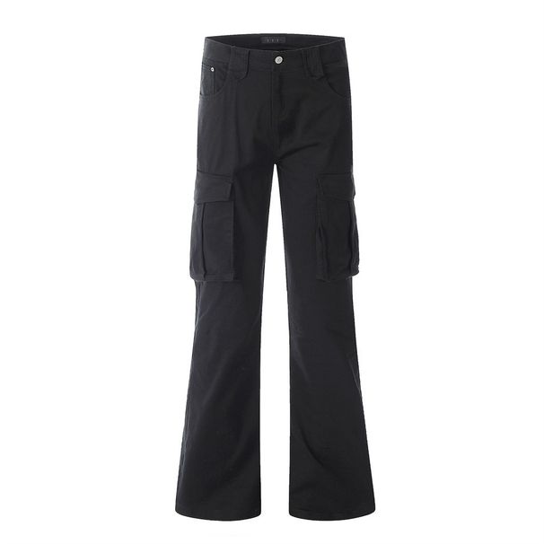 Multi-Pocket Cargo Denim Men's Vibe Hippie Trend Flared Pants Niche Design Solid Color Casual_mkmklike.com