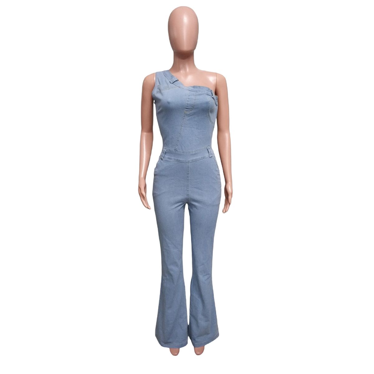 K Slanted Shoulder Tight Waist Slim Fit Elastic Denim Jumpsuit Jumpsuit Flared Pants_mkmklike.com