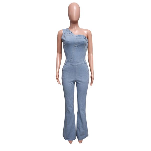 K Slanted Shoulder Tight Waist Slim Fit Elastic Denim Jumpsuit Jumpsuit Flared Pants_mkmklike.com