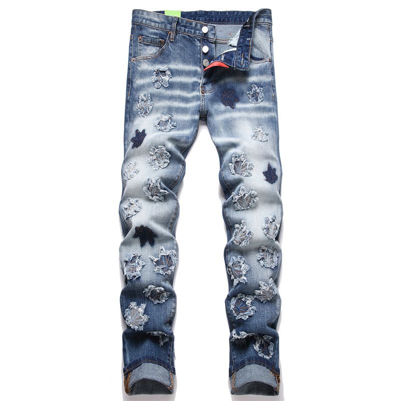 Men's Clothing Spot new spring punk men's jeans ripped patch embroidery slim waist men's pants_mkmklike.com