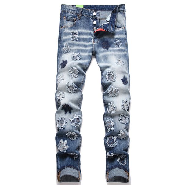 Men's Clothing Spot new spring punk men's jeans ripped patch embroidery slim waist men's pants_mkmklike.com
