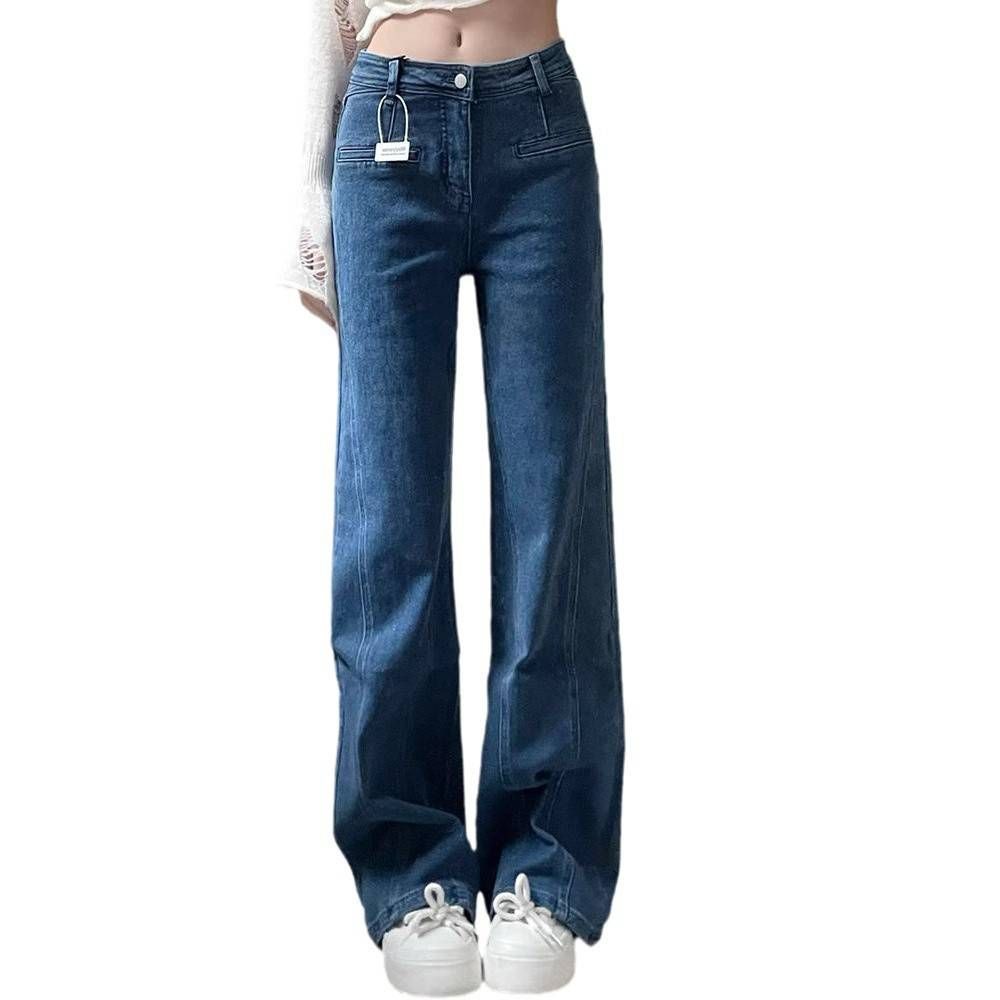 Women's Clothing Back Bow Design Jeans Splicing Hot Girl Street Straight Wide Leg Pants Loose Trousers_mkmklike.com
