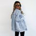 Distressed Denim Jacket Women's Oversized Streetwear Coat With Unique Ripped Design, Casual Loose Fit, Long Sleeve, Blue_mkmklike.com