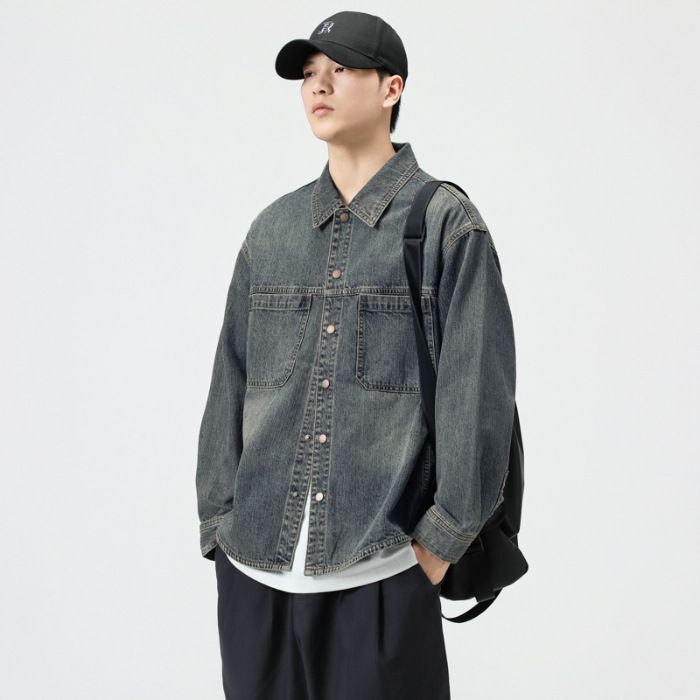 Denim Long Sleeved Shirt In Spring Autumn New Washed And Worn American Style Lapel Workwear Jacket For Men_mkmklike.com