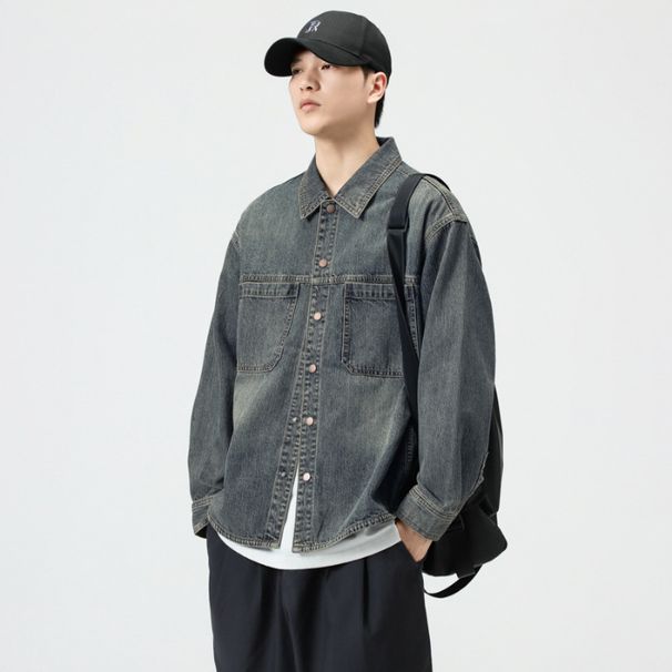 Denim Long Sleeved Shirt In Spring Autumn New Washed And Worn American Style Lapel Workwear Jacket For Men_mkmklike.com
