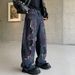 Vintage Washed Destroyed Denim Pants – Retro Distressed Jeans With Color Blocking & Crooked Hem For Men & Women_mkmklike.com