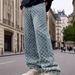 Men's Clothing Streetwear Jeans – Washed Blue Straight-Leg Checkerboard Print Pants (76% Cotton, High-Fashion Hip-Hop Style, Distressed Detailing)_mkmklike.com