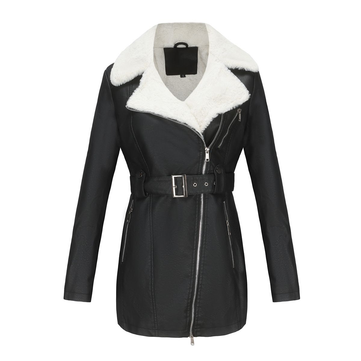 autumn and winter new long sleeved plus velvet leather jacket women's lapel double head zipper belt belt warm jacket_mkmklike.com
