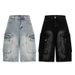 Retro Style Washed Distressed Denim Shorts Exposed Stitching Large Pockets Cropped Wide Leg Design For Men And Women_mkmklike.com