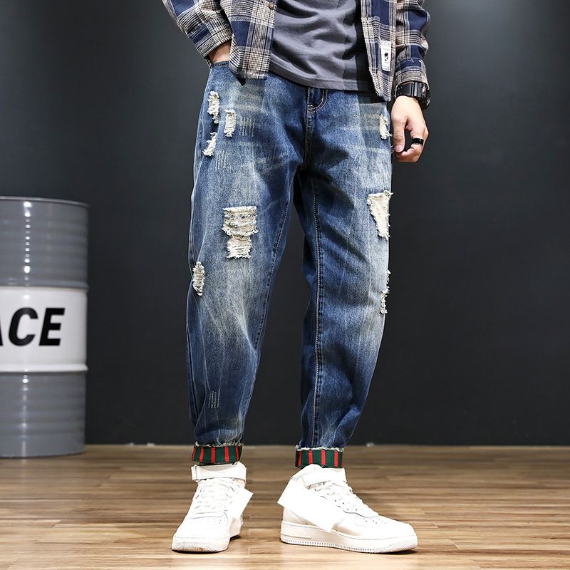 Men's Relaxed Fit Washed Denim Cargo Pants With Distressed Details - Comfortable Slim Tapered Leg For Casual Wear (Available In Plus Sizes)_mkmklike.com