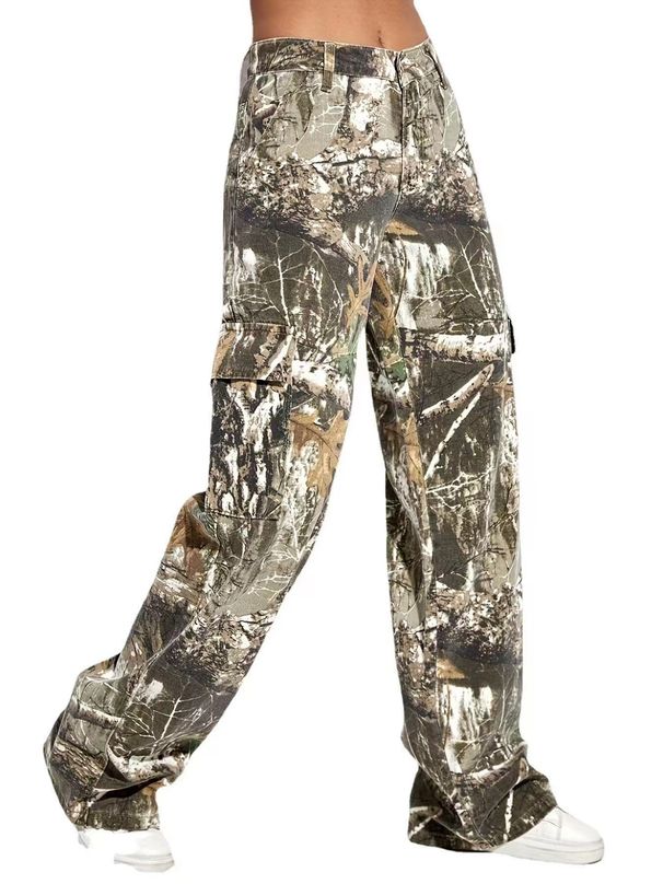 Women's Printed Cargo Jeans - High-Waisted Straight-Leg Denim Pants With Artistic Floral Design (XS-2XL, Unique Woodland Print)_mkmklike.com