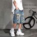 Men's American Style Hand Painted Graffiti Print Ripped Denim Shorts Summer Fashion Loose Fit Five Point Jeans_mkmklike.com