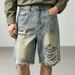 Men's Distressed Denim Shorts, Vintage Washed Light Blue Casual Relaxed Fit 5-Pocket Cargo Shorts For Summer Street Style_mkmklike.com