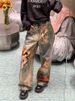 American Retro Design Heavy-duty Bear Illusion Print Denim Pants For Women, Trendy And Unique Floor-length Trousers_mkmklike.com