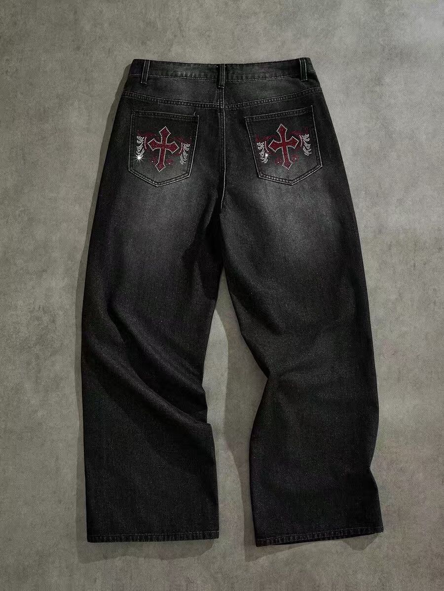 High Street Retro Washed Distressed Jeans Loose Straight Leg Wide Leg Trousers Trendy Brand Floor Length For Teenagers Men_mkmklike.com