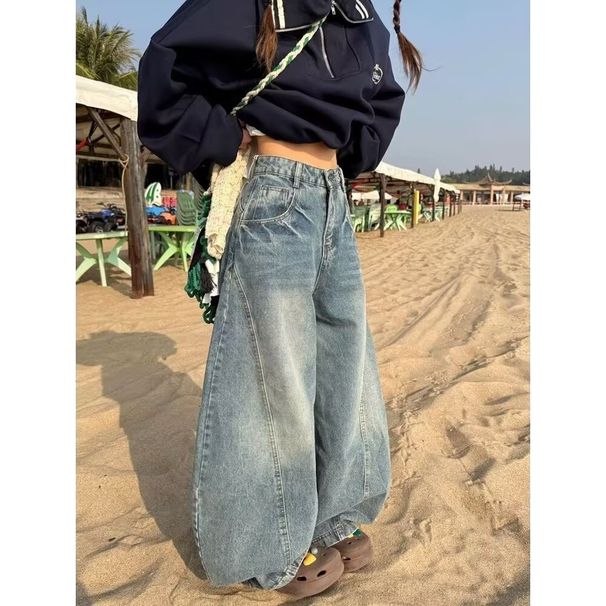 Women's Clothing Women's High-Waisted Curved Jeans Retro American Style Loose Fit Slimming Wide Leg Pants For Spring And Autumn High Street Design_mkmklike.com