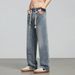 Men's Classic Straight Leg Jeans - Mid Rise Washed Denim Pants For Casual Wear (Retro & Blue) Breathable Cotton Blend_mkmklike.com