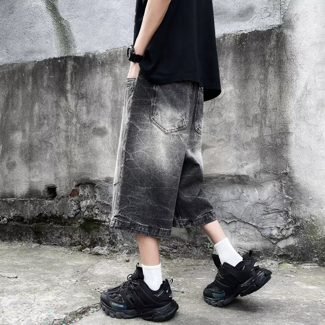 Men's Summer Denim Shorts Loose Straight Cut Elastic Waist Mid-Trend High Street Style For Boys_mkmklike.com