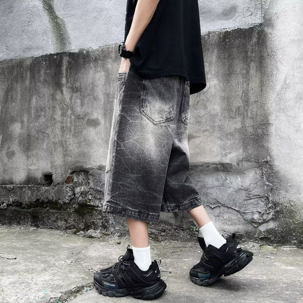 Men's Summer Denim Shorts Loose Straight Cut Elastic Waist Mid-Trend High Street Style For Boys_mkmklike.com