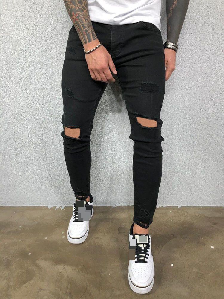 Men's Clothing Fashion Men's Ripped Stretch Jeans Skinny Jeans Foreign Trade Personality Ripped Men's Jeans_mkmklike.com