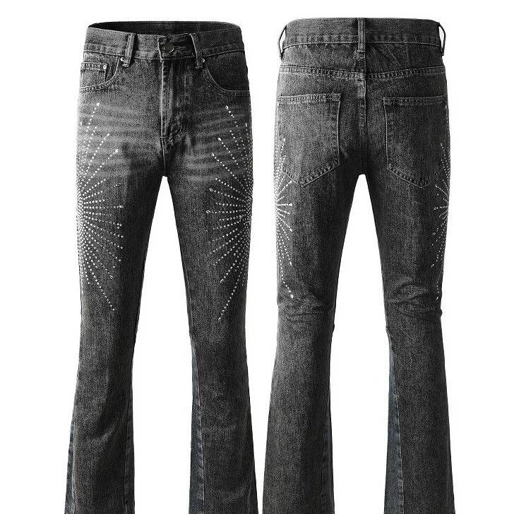 Men's Vintage Rock & Roll Flared Jeans With Rhinestone Embellishments & Patchwork Design - High Waisted Cotton Denim Pants For Urban Street Style_mkmklike.com