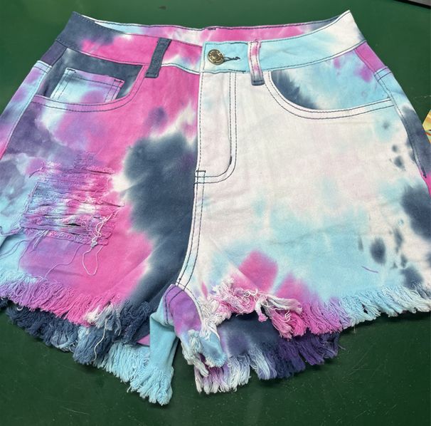 Women's Clothing Tie Dye Tassel Hem Hole Loose Women's Denim Shorts_mkmklike.com