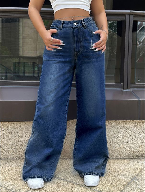 Women's Fashionable Versatile Straight Wide Leg Jeans Chain Washed Finish_mkmklike.com