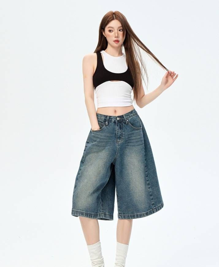 Women's High Waist Denim Bermuda Shorts - Relaxed Fit, Vintage Blue, Comfortable Cotton Blend For Casual & Office Wear_mkmklike.com