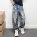 Men's Clothing Men's Heavy Style Distressed Zipper Wide Leg Jeans Multi Pocket Loose Straight Leg Drape Motorcycle Niche For Formal & Casual_mkmklike.com