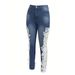 Women's Clothing Women's Skinny Fit Hollow Out Lace Contrast Jeans - Elegant Sky Blue Stretch Denim With Bootcut Hem For Stylish Everyday Wear_mkmklike.com