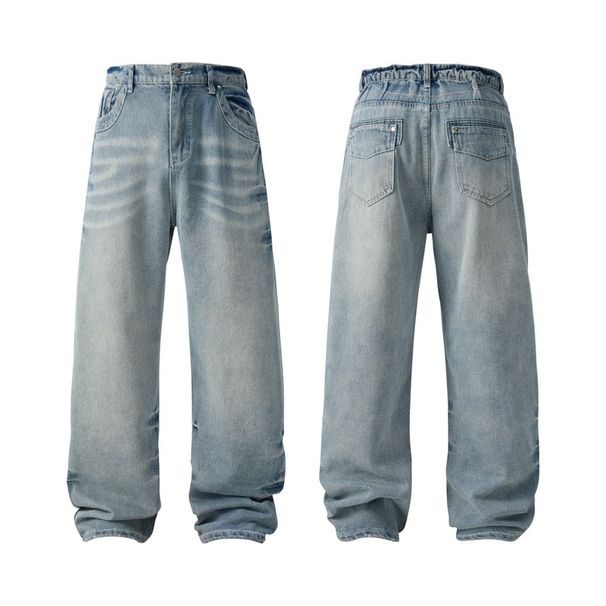Men's Clothing Ripped Washed Wide Leg Jeans Men's Cracked Washed Wide Leg Jeans - Summer Cleanfit High Street Loose Straight Pants (Blue)_mkmklike.com
