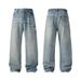 Men's Clothing Ripped Washed Wide Leg Jeans Men's Cracked Washed Wide Leg Jeans - Summer Cleanfit High Street Loose Straight Pants (Blue)_mkmklike.com