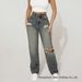 Women's High-Waisted Retro Style Distressed Jeans Wide Leg Straight Leg Slimming Denim Trousers_mkmklike.com