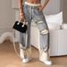 Women's Clothing Lace Up Spring And Summer Hong Kong Style Trendy Individual Street Thin Ripped Double Layer Color Straight Jeans_mkmklike.com