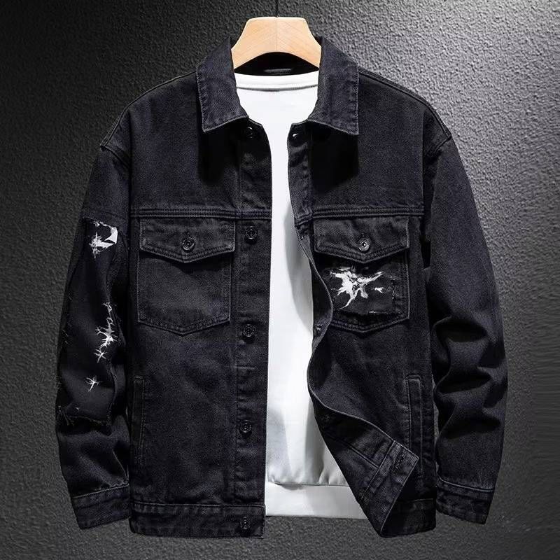 Men's Denim Jacket, Spring And Autumn Motorcycle Lightning Patchwork New Black Jacket, Trendy Brand_mkmklike.com