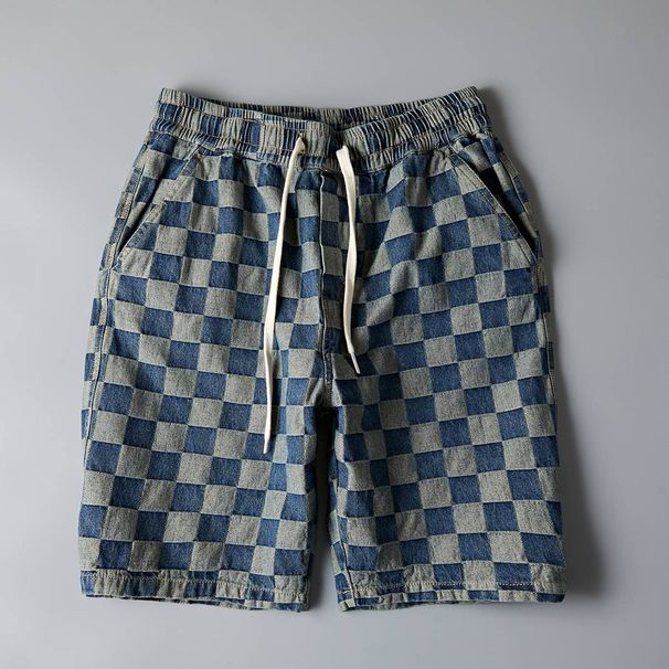 Men's Clothing Washed Denim Shorts Youth Trendy Mid Length Pants Loose Beach Plaid Shorts Men_mkmklike.com