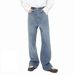 Men's Korean Style Washed Denim Jeans - Classic Straight Leg With Fleece Lining & Elastic Waist For Winter Comfort_mkmklike.com