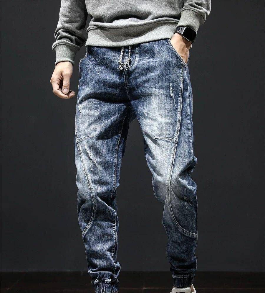 Men's Cargo Jeans Autumn Style Elastic Waistband Loose Fit Tapered Legs Harem Style High End Trendy Brand Cool And Stylish_mkmklike.com