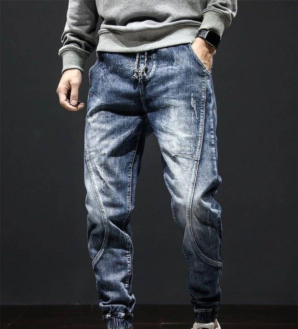 Men's Cargo Jeans Autumn Style Elastic Waistband Loose Fit Tapered Legs Harem Style High End Trendy Brand Cool And Stylish_mkmklike.com