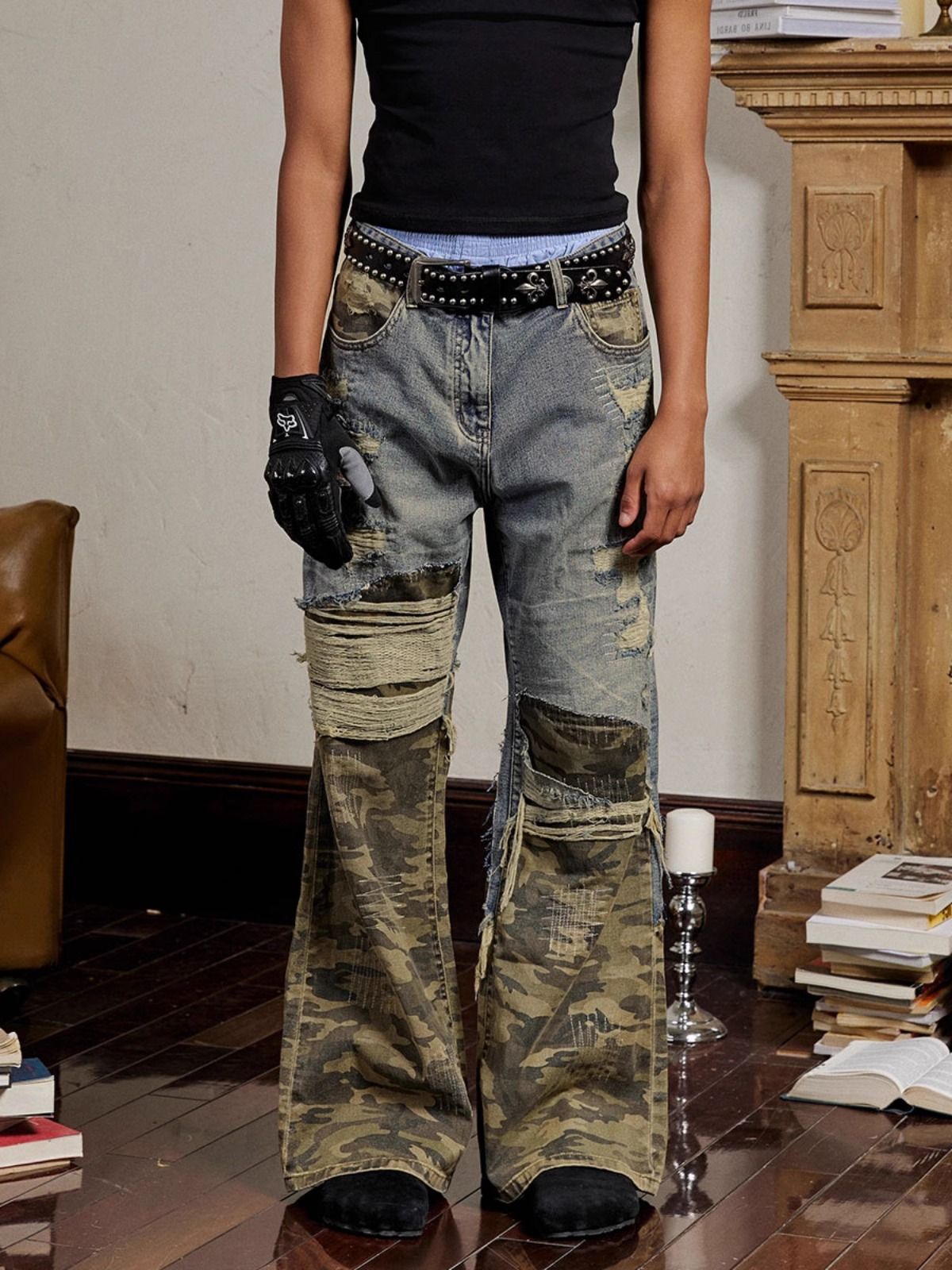 "Men's Urban Camo Distressed Jeans – Heavy Duty Washed Denim, Ripped Straight-Leg, Retro Streetwear, Comfort Fit (M-3XL)"_mkmklike.com