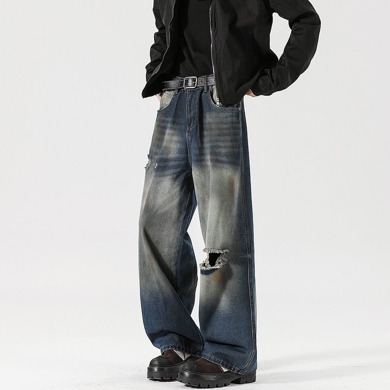 LKTM Men's Wear # Washed Pierced Jeans For Men And Women's Trendy High Street Dirty Straight Down Pants Ab6_mkmklike.com