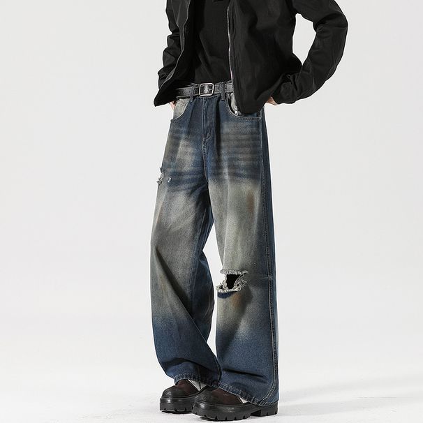 LKTM Men's Wear # Washed Pierced Jeans For Men And Women's Trendy High Street Dirty Straight Down Pants Ab6_mkmklike.com