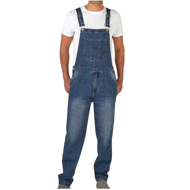 American Retro Design Denim Overalls Men's Straight Leg Loose Workwear Jumpsuit_mkmklike.com