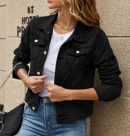 Slim Fit Denim Jacket With Turn-Down Collar - Classic Stretch Cotton For Men & Women (Black, Red, Navy, Light Blue, White, Pink, Khaki)_mkmklike.com